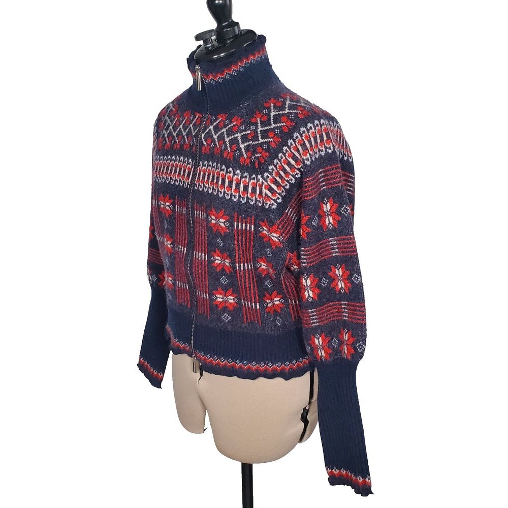 NWT House of Harlow 1960 Women's Sweater Medium Blue Red Fair Isle Mock Neck